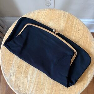 50s VNTG Designer Foldover Black Kiss Lock Silk Clutch Bag w/ Coin Purse